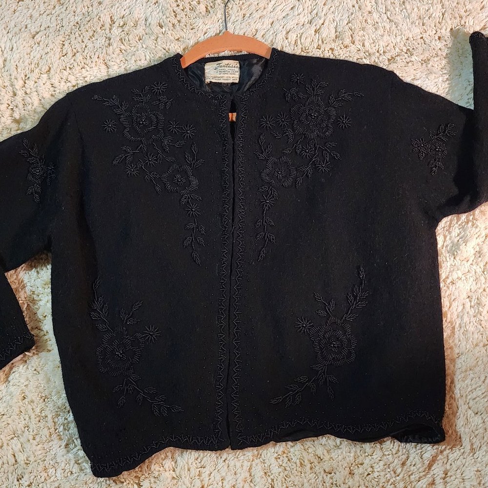 Vintage XS Black Angora Beaded Sweater